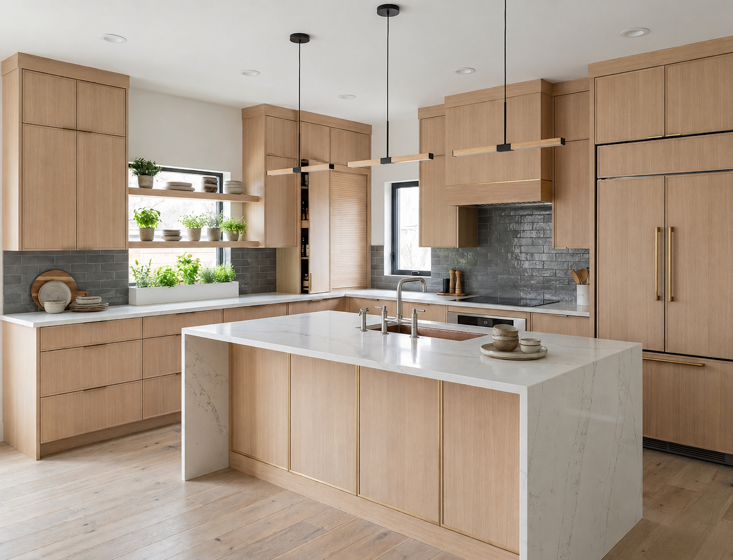 Modern kitchen with white cabinetry, wooden countertops, subway tile backsplash, two black stools, and a window above the farmhouse sink.